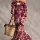 Vestido maxi de chifón rosa con hombros descubiertos