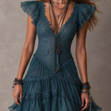Delmira | Vestido mini con volantes de encaje y gasa azul retro