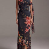Vestido maxi plisado negro de un solo hombro
