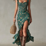 Vestido Maxi Estampado Verde Bohemio con Mangas Volantes