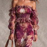 Vestido maxi de chifón rosa con hombros descubiertos