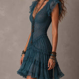 Delmira | Vestido mini con volantes de encaje y gasa azul retro