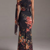 Vestido maxi plisado negro de un solo hombro