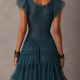 Delmira | Vestido mini con volantes de encaje y gasa azul retro