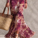 Vestido maxi de chifón rosa con hombros descubiertos