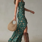 Vestido Maxi Estampado Verde Bohemio con Mangas Volantes