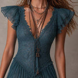 Delmira | Vestido mini con volantes de encaje y gasa azul retro