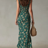 Vestido Maxi Estampado Verde Bohemio con Mangas Volantes