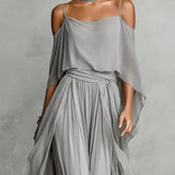 Conjunto en chiffón gris: top sin mangas y pantalones