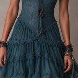 Delmira | Vestido mini con volantes de encaje y gasa azul retro