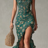 Vestido Maxi Estampado Verde Bohemio con Mangas Volantes