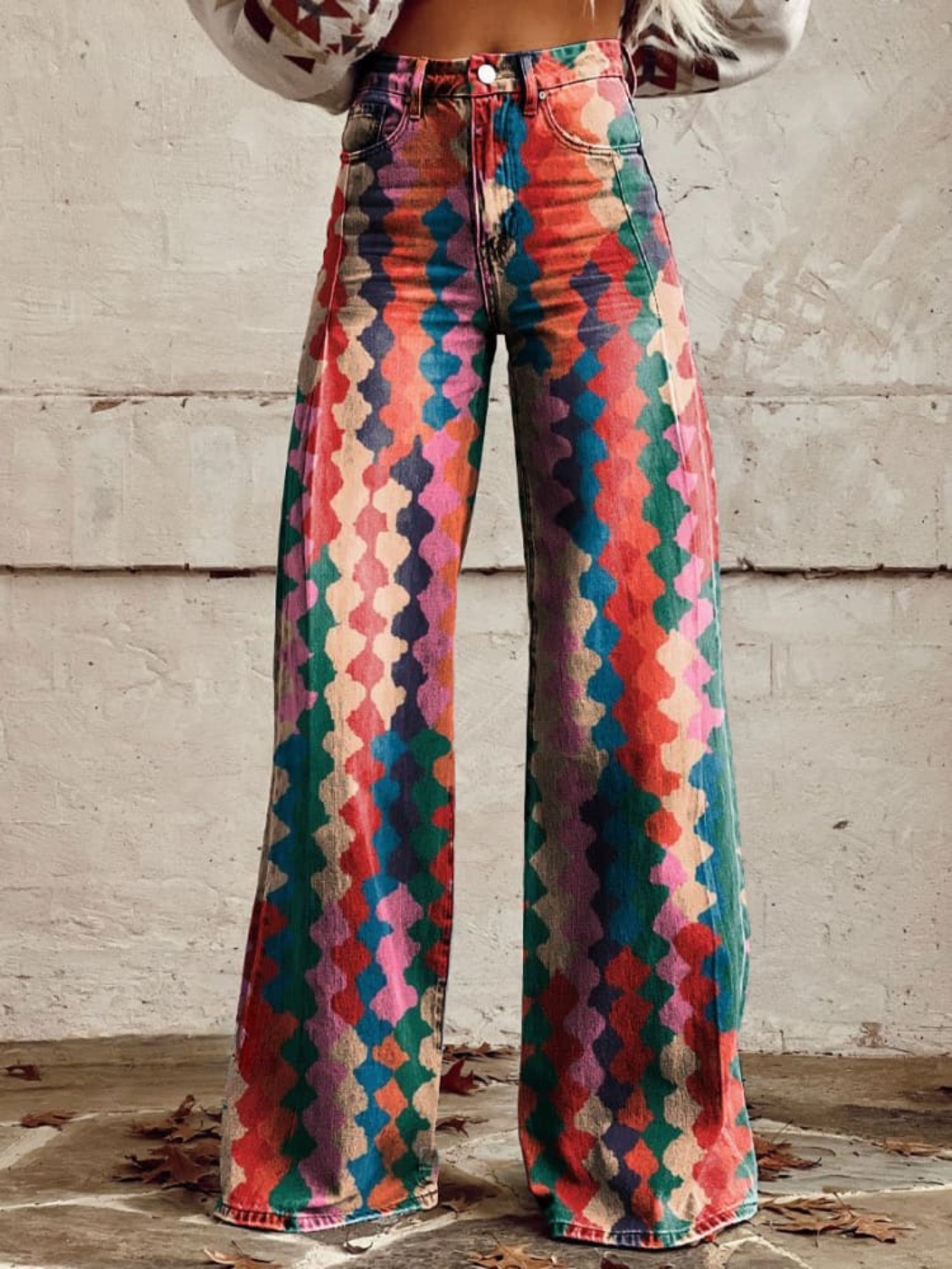 Amalina | Pantalón ancho estampado de rombos en coral y turquesa