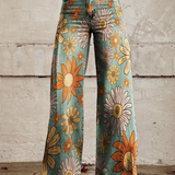 Cirila | Pantalón ancho estampado de flores sobre turquesa