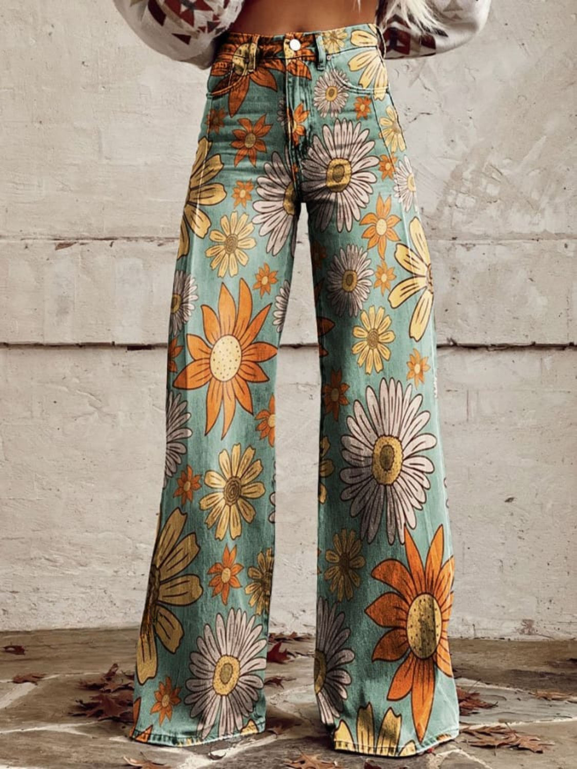 Cirila | Pantalón ancho estampado de flores sobre turquesa
