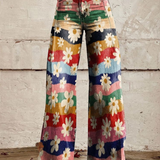 Leoncia | Pantalón ancho estampado de margaritas sobre franjas