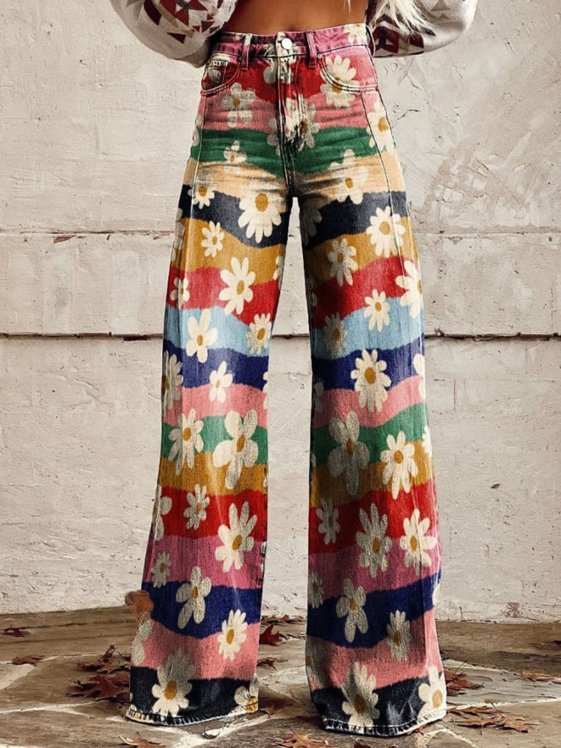 Leoncia | Pantalón ancho estampado de margaritas sobre franjas
