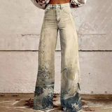 Ondalina | Pantalón ancho estampado de vaquero crema desgastado