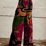 Lenora | Pantalón ancho estampado de collage oscuro con flores rojas