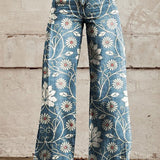 Marcelia | Pantalón ancho estampado de margaritas sobre vaquero