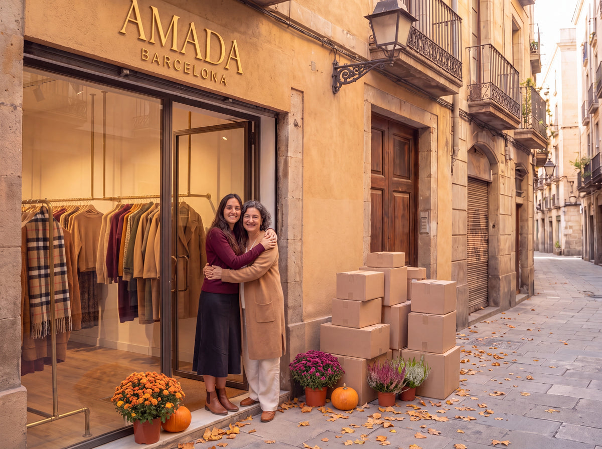 Amada y su hija en la puerta de la tienda en otoño, con las cajas de la mudanza