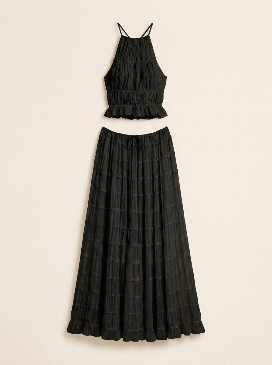 Isabela – Conjunto halter fluido con falda larga