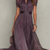 Vestido maxi de chiffon con cuello en V y abertura de color morado