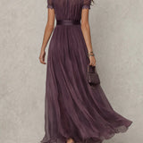 Vestido maxi de chiffon con cuello en V y abertura de color morado