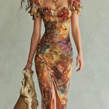 Vestido maxi de chiffón naranja con estampado al óleo