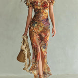 Vestido maxi de chiffón naranja con estampado al óleo