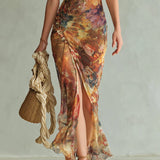 Vestido maxi de chiffón naranja con estampado al óleo