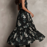 Vestido maxi sin tirantes con estampado floral negro