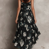 Vestido maxi sin tirantes con estampado floral negro