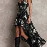 Vestido maxi sin tirantes con estampado floral negro