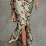 Vestido Maxi Asimétrico de Satén Verde con Flores