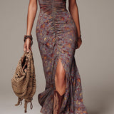 Vestido Maxi de Flores Plisado Gris Púrpura
