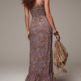 Vestido Maxi de Flores Plisado Gris Púrpura