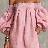 Violeta | Vestido mini trapecio rosa con mangas farol y hombros descubiertos