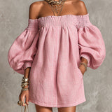 Violeta | Vestido mini trapecio rosa con mangas farol y hombros descubiertos