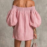 Violeta | Vestido mini trapecio rosa con mangas farol y hombros descubiertos