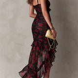 Vestido chic negro y rojo con flores y volantes