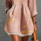 Ninfa | Vestido mini de encaje de ganchillo rosa con motivos dorados y escote en V