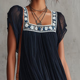 Apolinaria | Vestido mini plisado de gasa bordada de flores azul marino