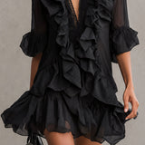 Anaís | Vestido mini de gasa negra con volantes