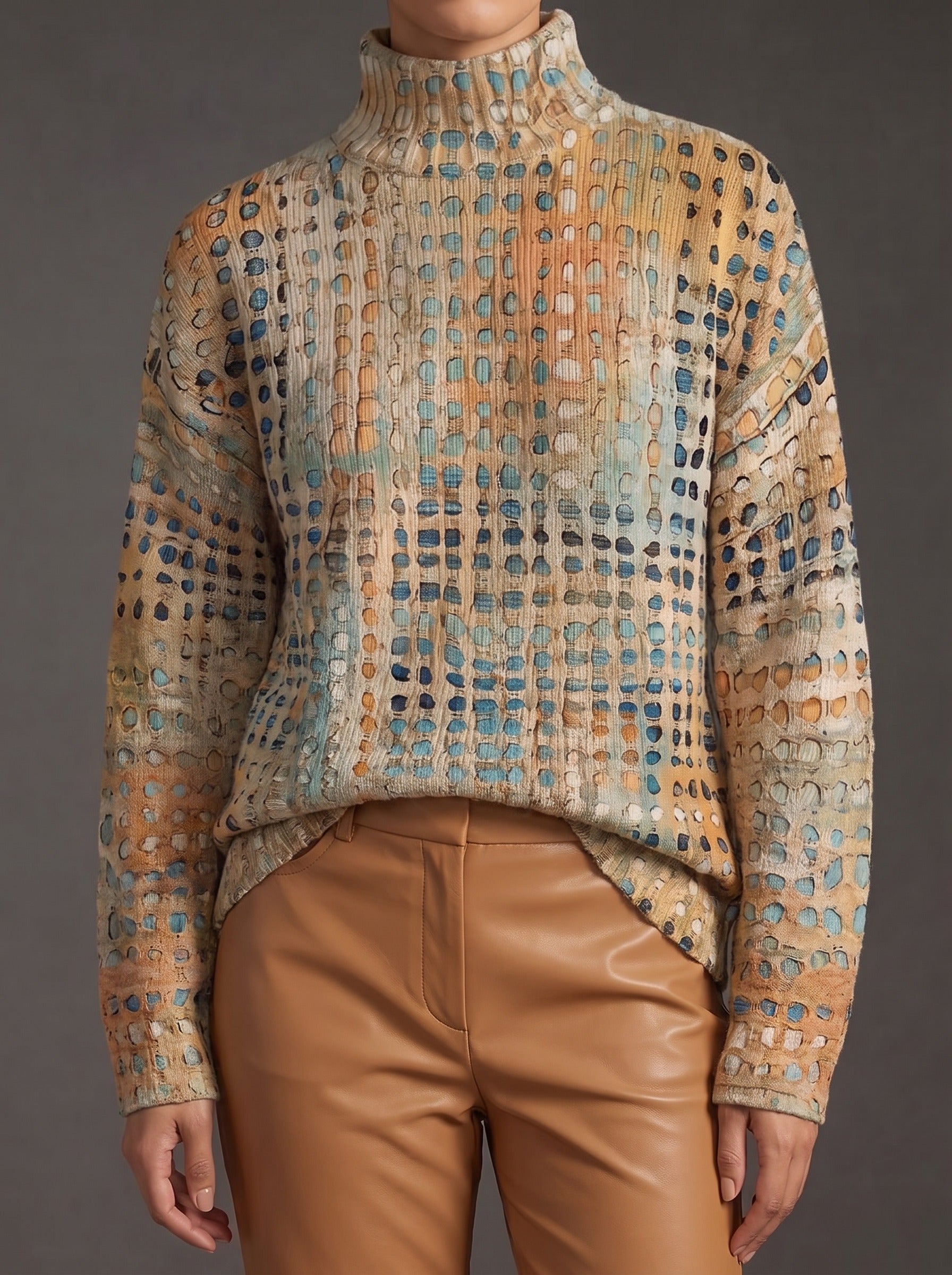 Iris | Jersey de cuello alto de rejilla en arena y azul