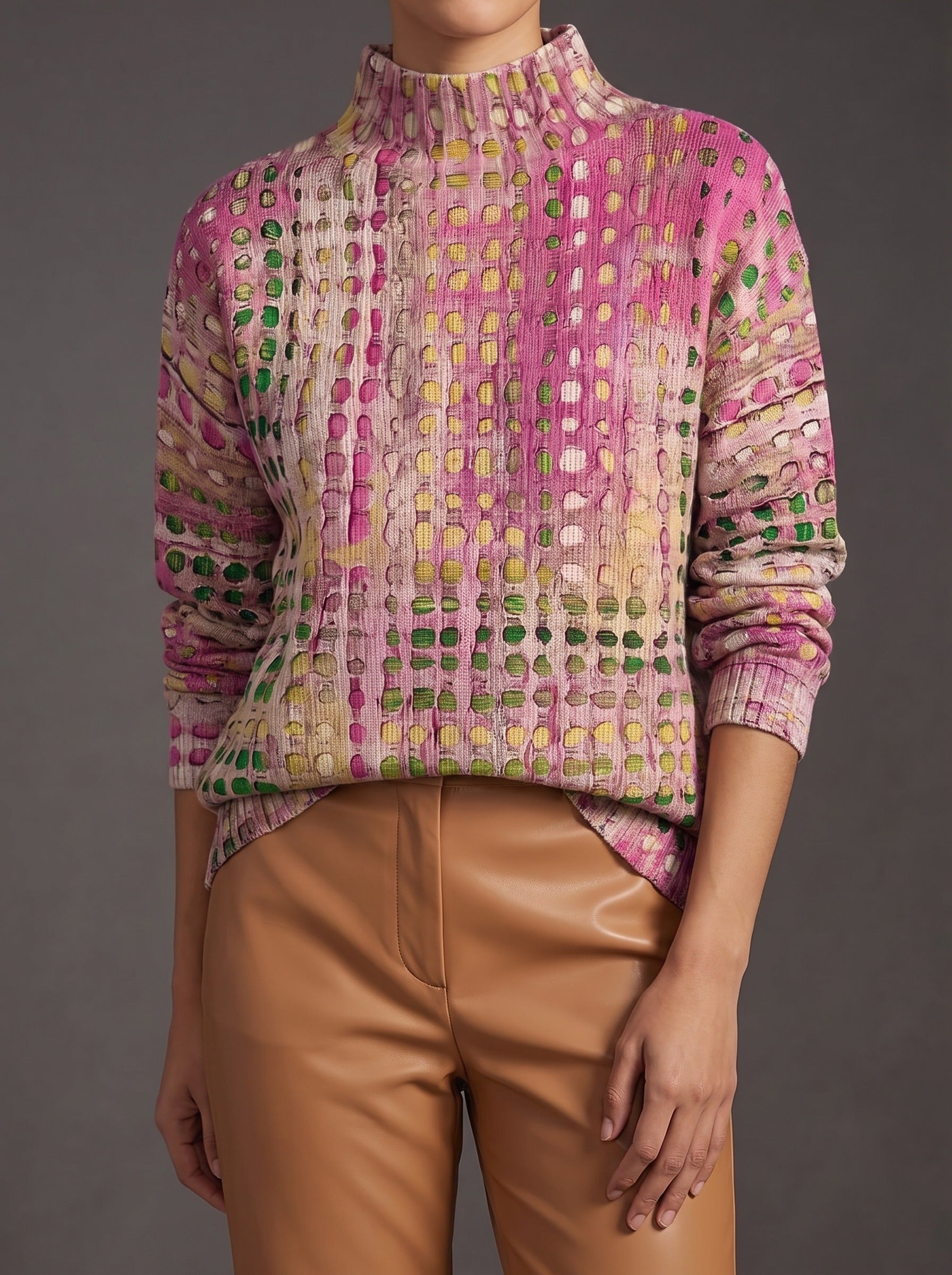 Marlena | Jersey de cuello alto de rejilla en rosa y verde