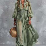 Leire | Vestido largo con bordados florales en los hombros, verde salvia
