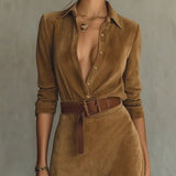 Jade | Vestido largo efecto ante con cuello camisero y cinturón