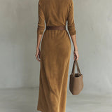 Jade | Vestido largo efecto ante con cuello camisero y cinturón