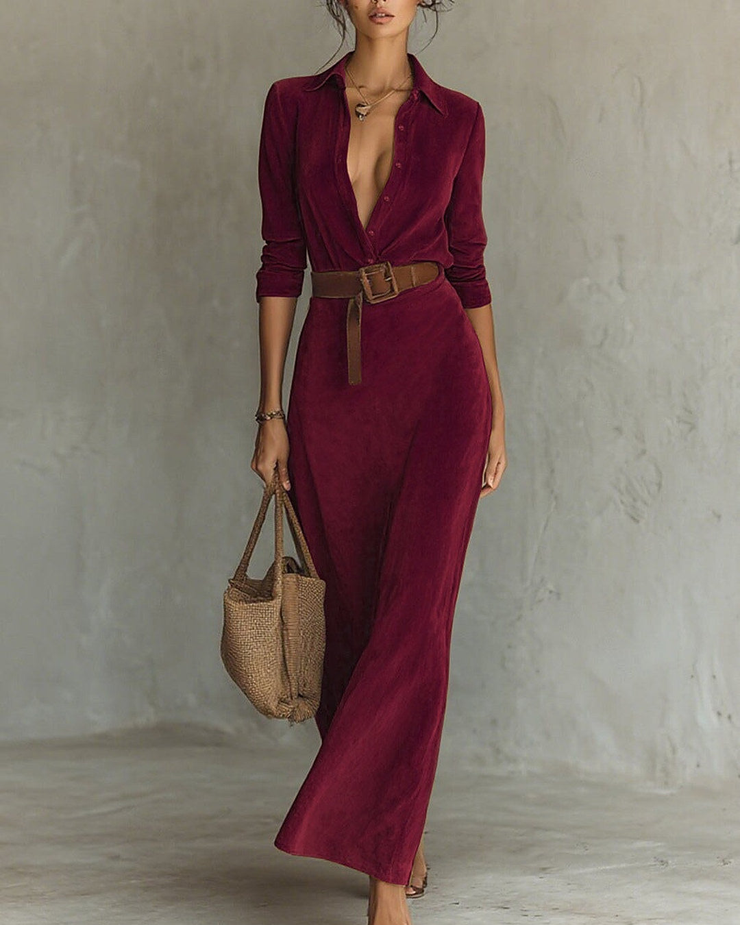 Jade | Vestido largo efecto ante con cuello camisero y cinturón