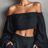 Tatiana | Conjunto de hombros descubiertos y pantalón de pierna ancha, negro